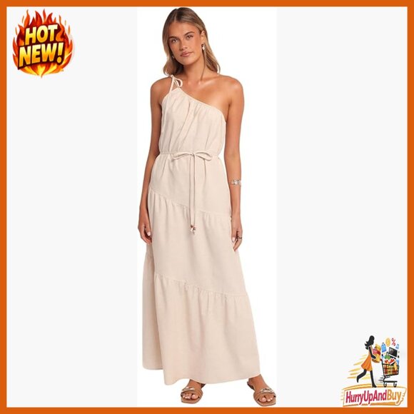 Flowy Maxi Dress Asymmetrical Neckline Tie Shoulder Straps Linen Cotton Casual